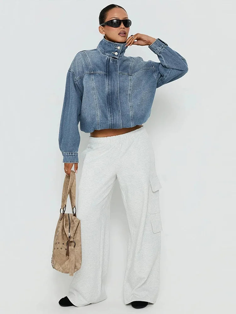 Women's Denim Jacket | Cropped Relaxed Fit Stand Collar Hidden Button