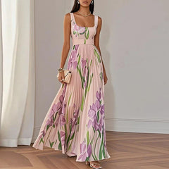 Women's Floral Maxi Dress | Square Neckline Sleeveless Pleated