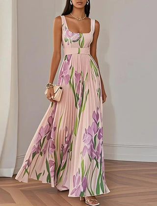 Women's Floral Maxi Dress | Square Neckline Sleeveless Pleated