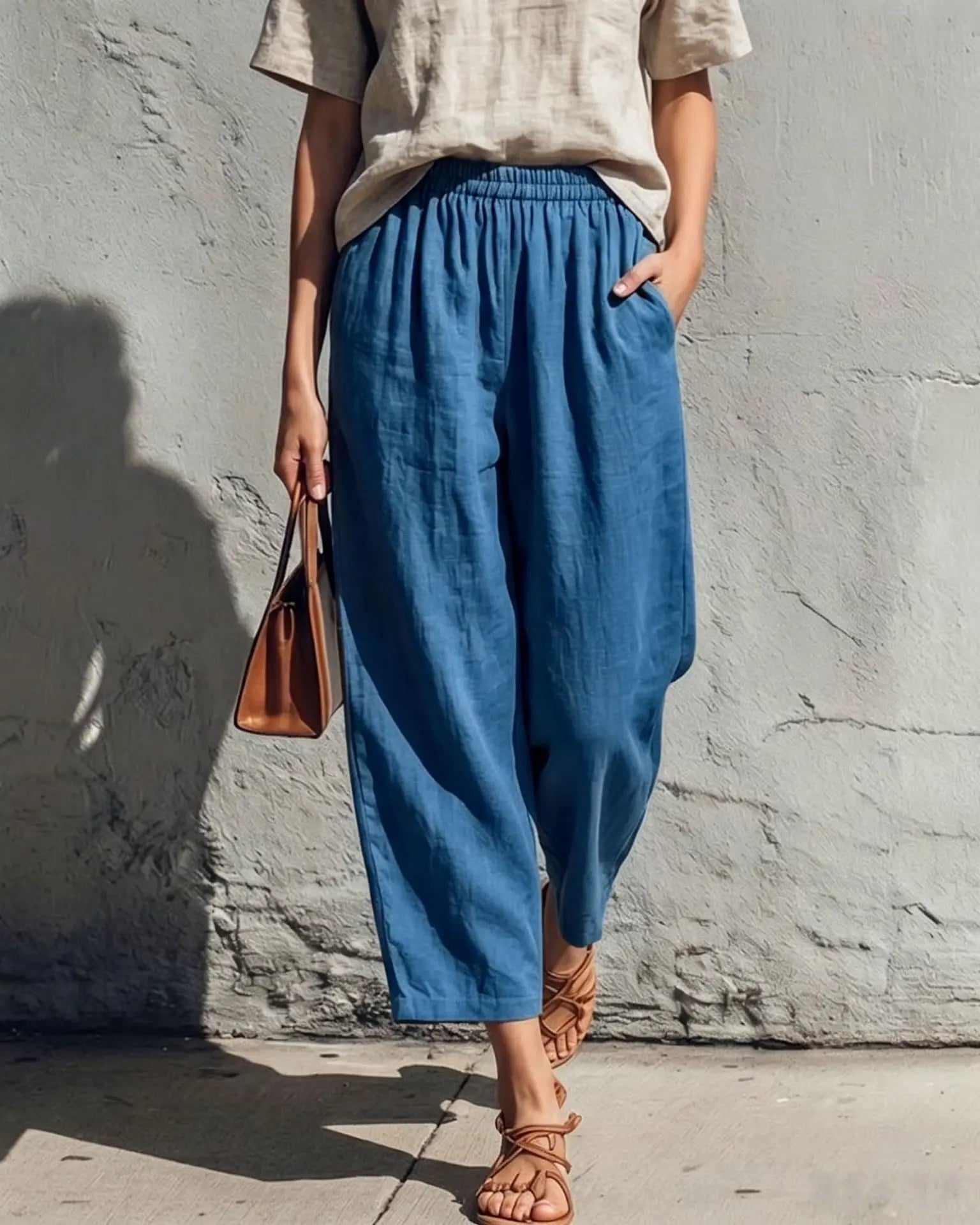 Women's Linen Pants | Wide Leg Relaxed Fit Elastic Waist