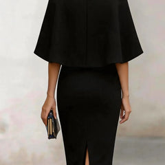 Women's Formal Dress | Midi Cape Sleeve Round Neckline Fitted