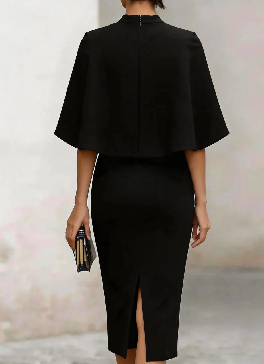 Women's Formal Dress | Midi Cape Sleeve Round Neckline Fitted