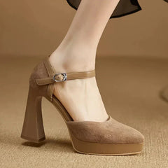 Women's Platform Heels | Rounded Toe Ankle Strap Buckle Block Heel
