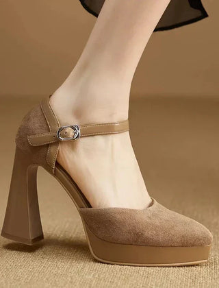 Women's Platform Heels | Rounded Toe Ankle Strap Buckle Block Heel