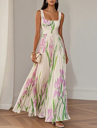 Women's Floral Maxi Dress | Square Neckline Sleeveless Pleated