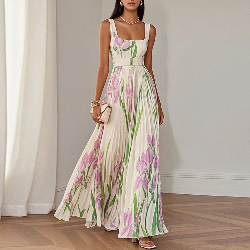 Women's Floral Maxi Dress | Square Neckline Sleeveless Pleated