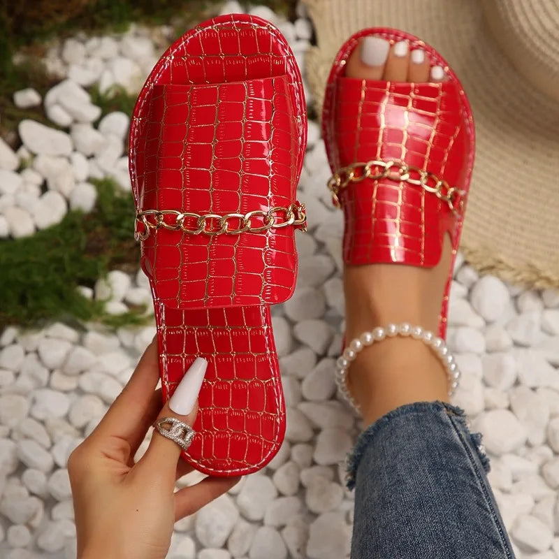 Women's Flip Flop | Open Toe Chain Detail Croc Print Sole