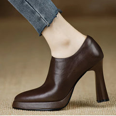 Women's Platform Heels | Leather Ankle Bootie Pointed Toe Zipper