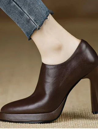 Women's Platform Heels | Leather Ankle Bootie Pointed Toe Zipper