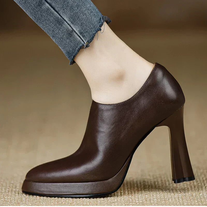 Women's Platform Heels | Leather Ankle Bootie Pointed Toe Zipper