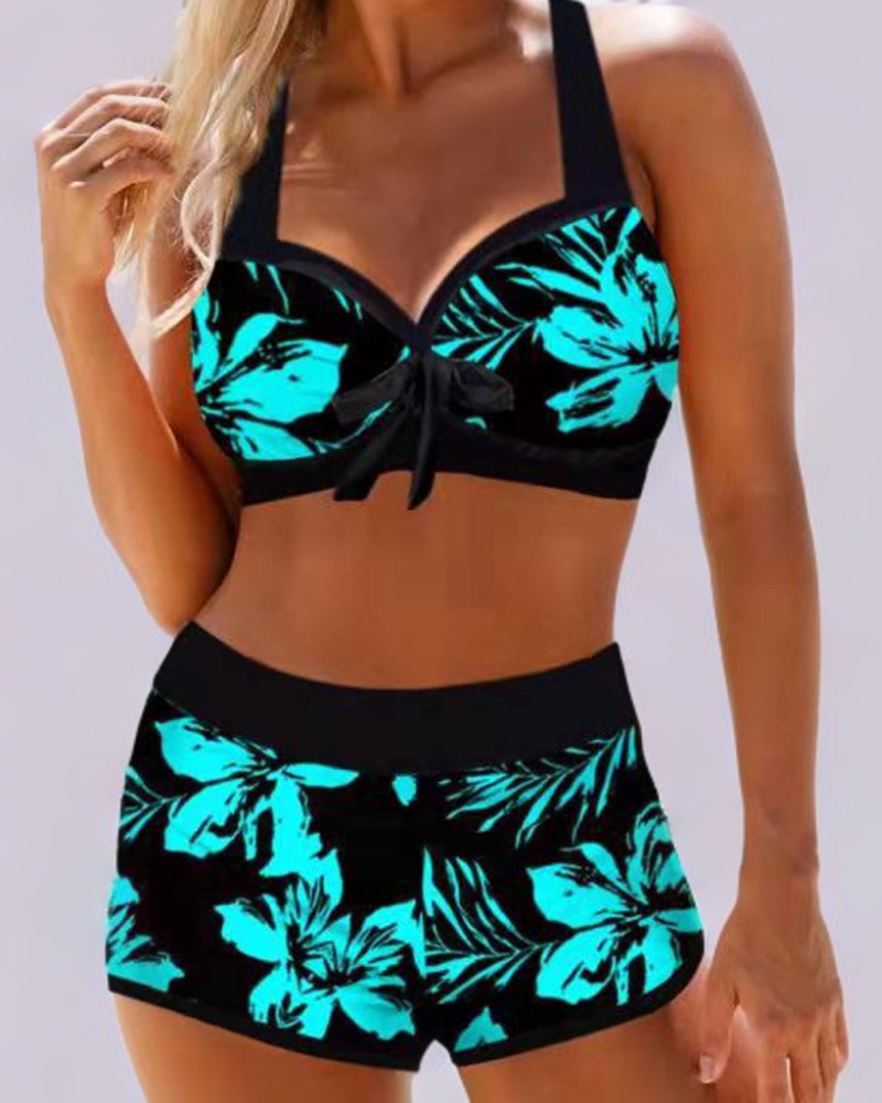 Women's Plus Size Swimwear | High Waist Halter Tropical Print