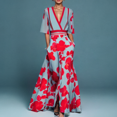 Women's Christmas Dress | Maxi Length V-Neck Wrap Half Sleeve Floral Print