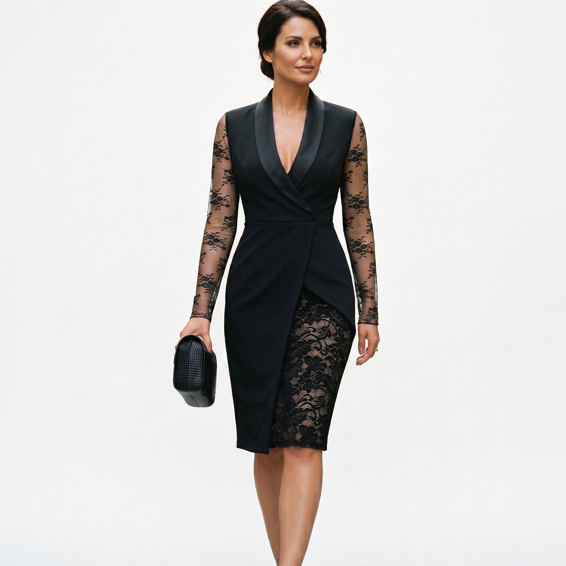 Women's Black Dress For Funeral | Midi Lace Wrap Sleeves