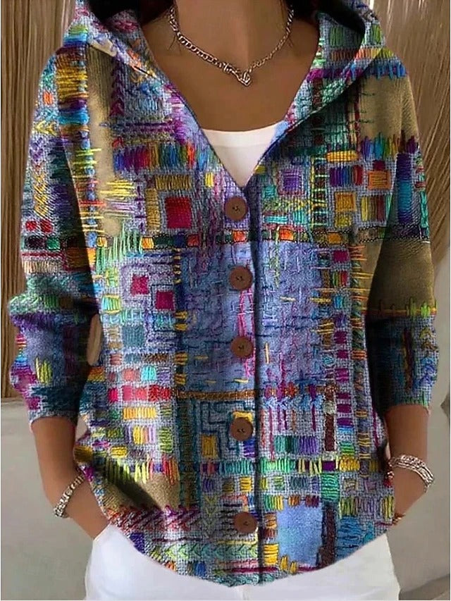 Women's Cardigan | Hooded Button Front Knit Print