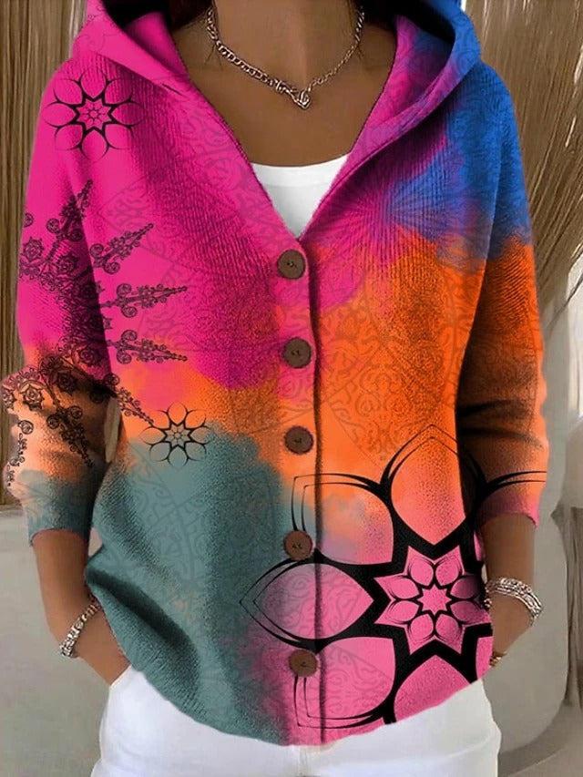 Women's Cardigan | Hooded Button Front Knit Print