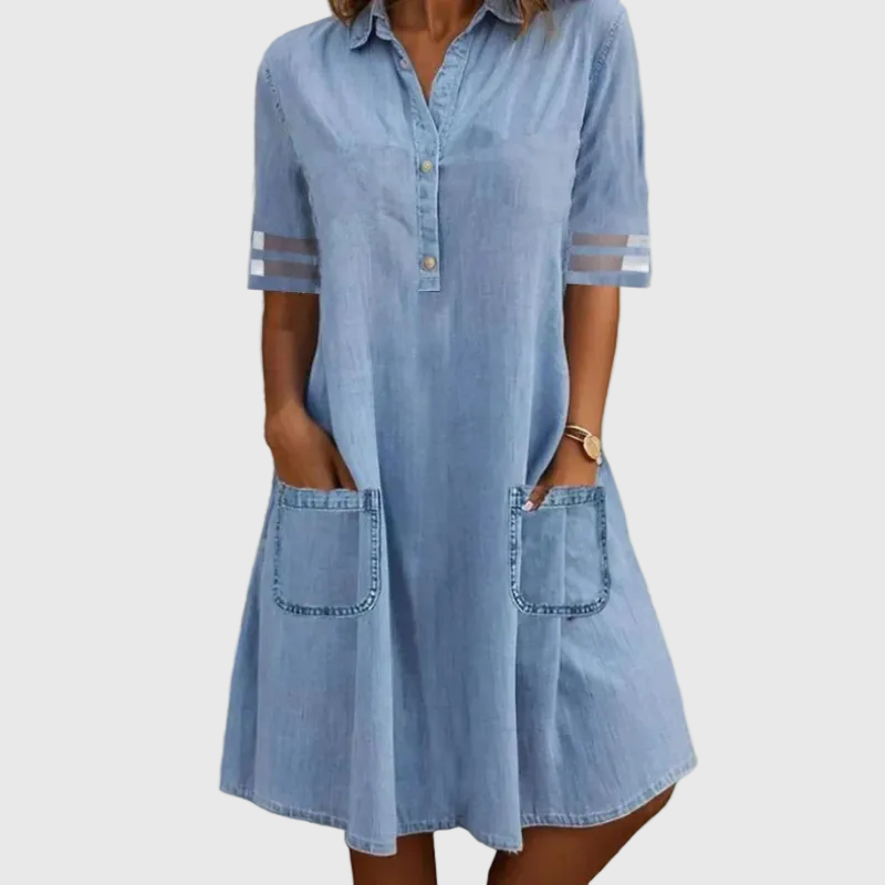 Women's Denim Mini Dress | Collar Button Closure Striped Sleeves
