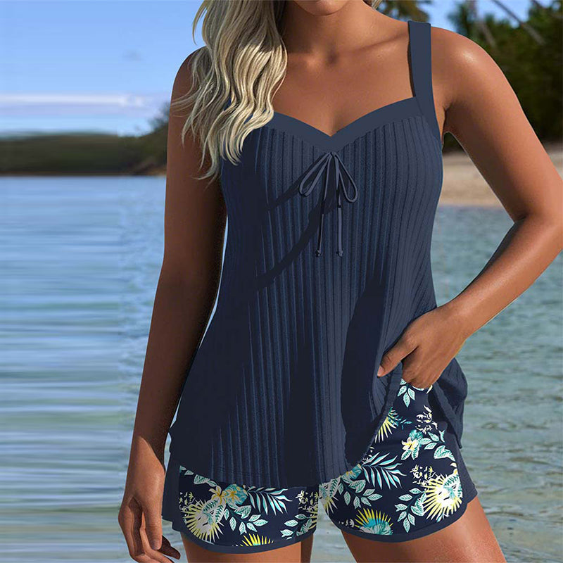 Stylish Striped Tankini Set with Comfortable Beach Shorts for Women 0