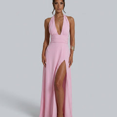 Women's Wedding Guest Dress | Maxi Halter Neck Leg Slit Polyester