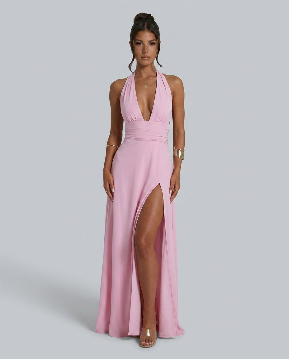 Women's Wedding Guest Dress | Maxi Halter Neck Leg Slit Polyester
