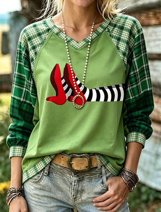Women's Halloween Multi Red Shoes V Neck Raglan Sleeve Top