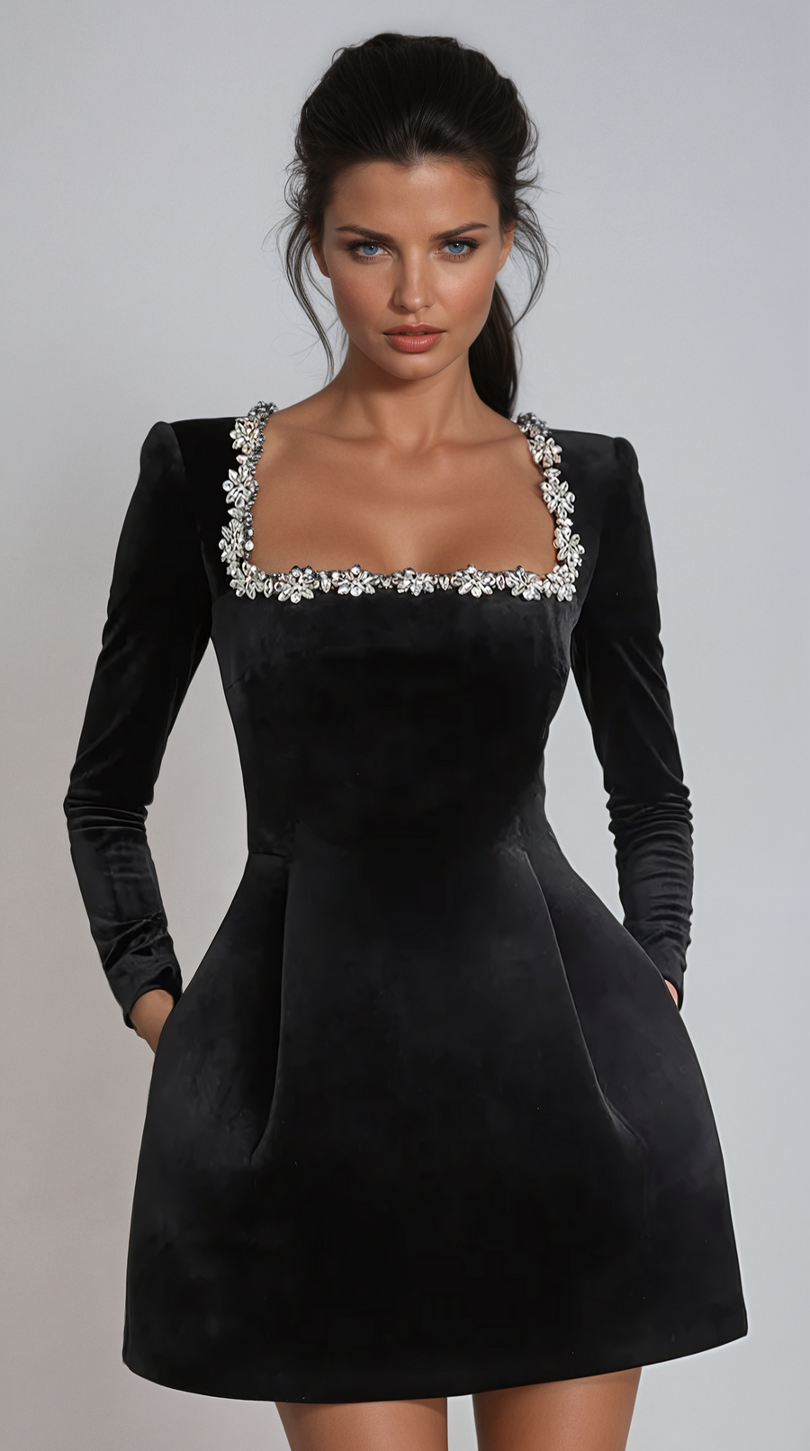 Women's Sequin Dress | Mini Length Square Neckline Velvet
