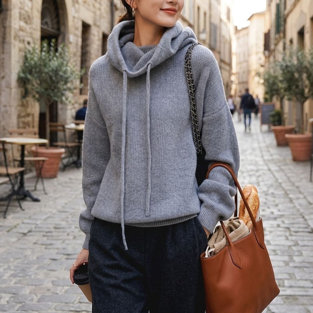 Women's Sweatshirt | Cowl Neck Drawstring Knit Long Sleeve