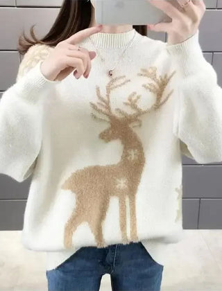 Women's Christmas Sweater | Reindeer Knit Crew Neck Puffed Sleeve