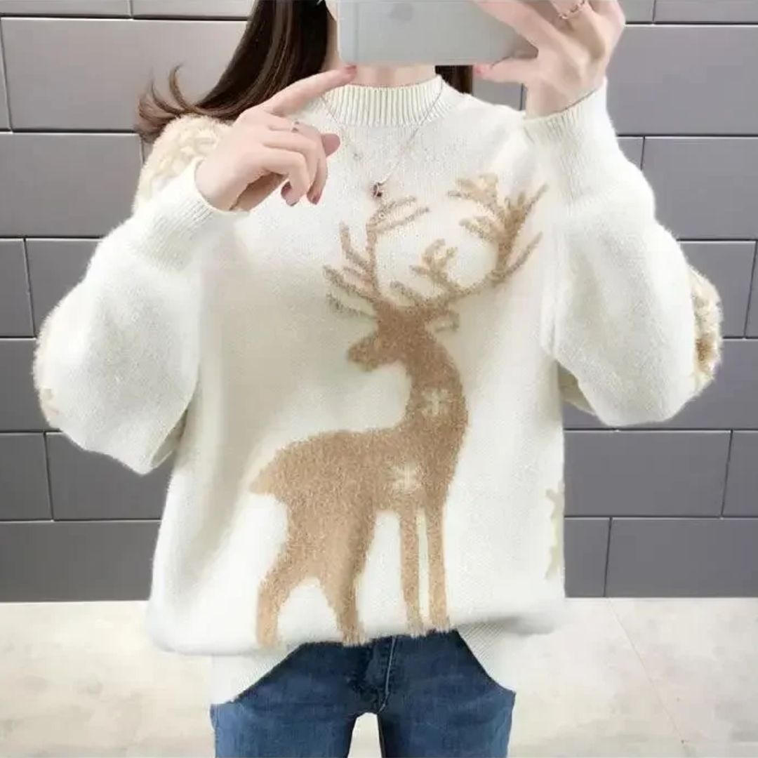 Women's Christmas Sweater | Reindeer Knit Crew Neck Puffed Sleeve