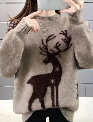 Women's Christmas Sweater | Reindeer Knit Crew Neck Puffed Sleeve