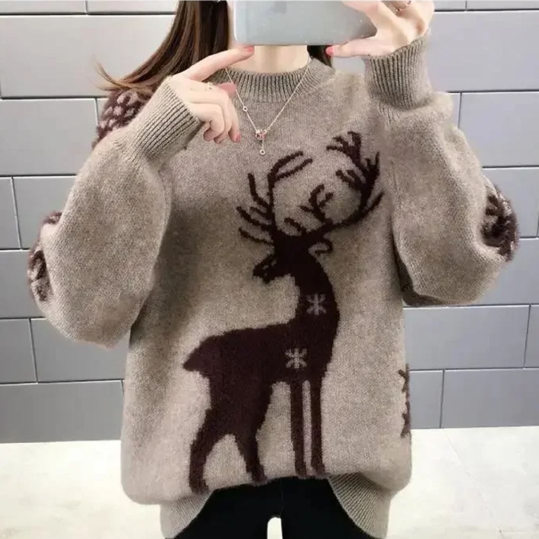 Women's Christmas Sweater | Reindeer Knit Crew Neck Puffed Sleeve