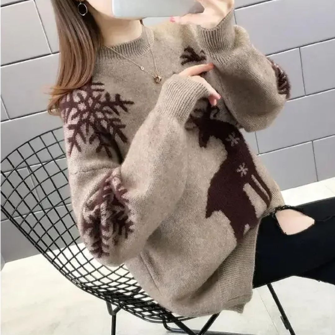 Women's Christmas Sweater | Reindeer Knit Crew Neck Puffed Sleeve