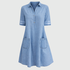 Women's Denim Mini Dress | Collar Button Closure Striped Sleeves