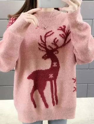 Women's Christmas Sweater | Reindeer Knit Crew Neck Puffed Sleeve