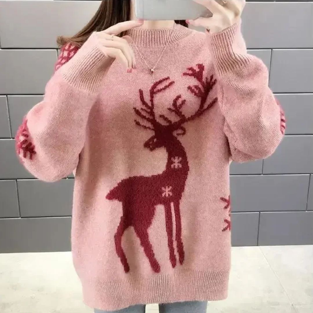 Women's Christmas Sweater | Reindeer Knit Crew Neck Puffed Sleeve
