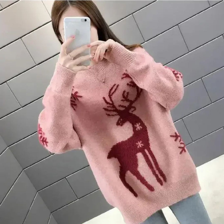 Women's Christmas Sweater | Reindeer Knit Crew Neck Puffed Sleeve