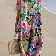 Women's Flowy Dress | V-Neck Short Sleeve Floral Midi