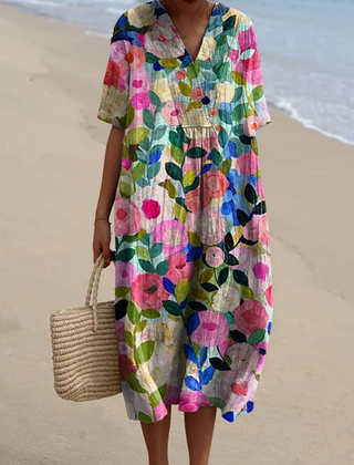 Women's Flowy Dress | V-Neck Short Sleeve Floral Midi