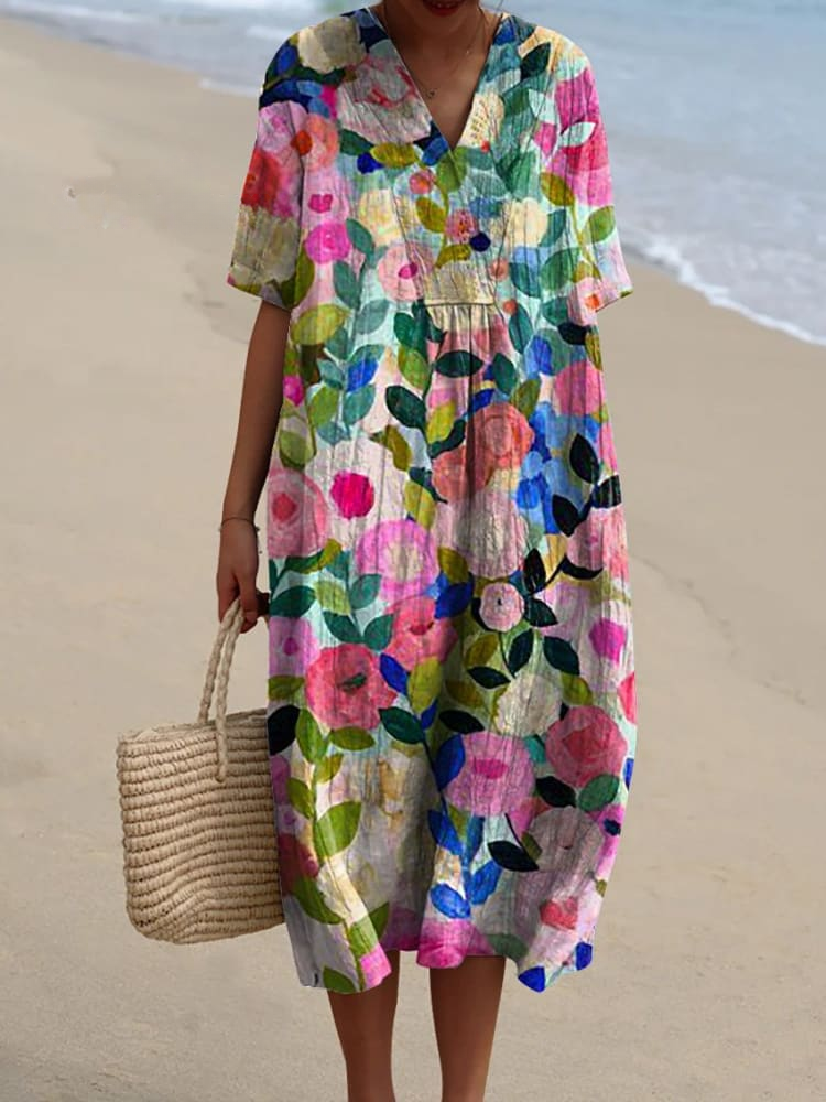 Women's Flowy Dress | V-Neck Short Sleeve Floral Midi