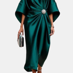 Women's Maxi Dress | Midi Pleated Satin Wide Sleeve