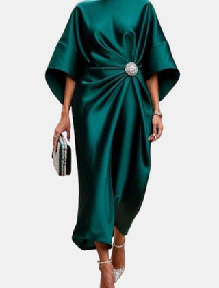 Women's Maxi Dress | Midi Pleated Satin Wide Sleeve