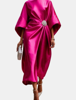 Women's Maxi Dress | Midi Pleated Satin Wide Sleeve
