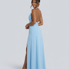 Women's Wedding Guest Dress | Maxi Halter Neck Leg Slit Polyester