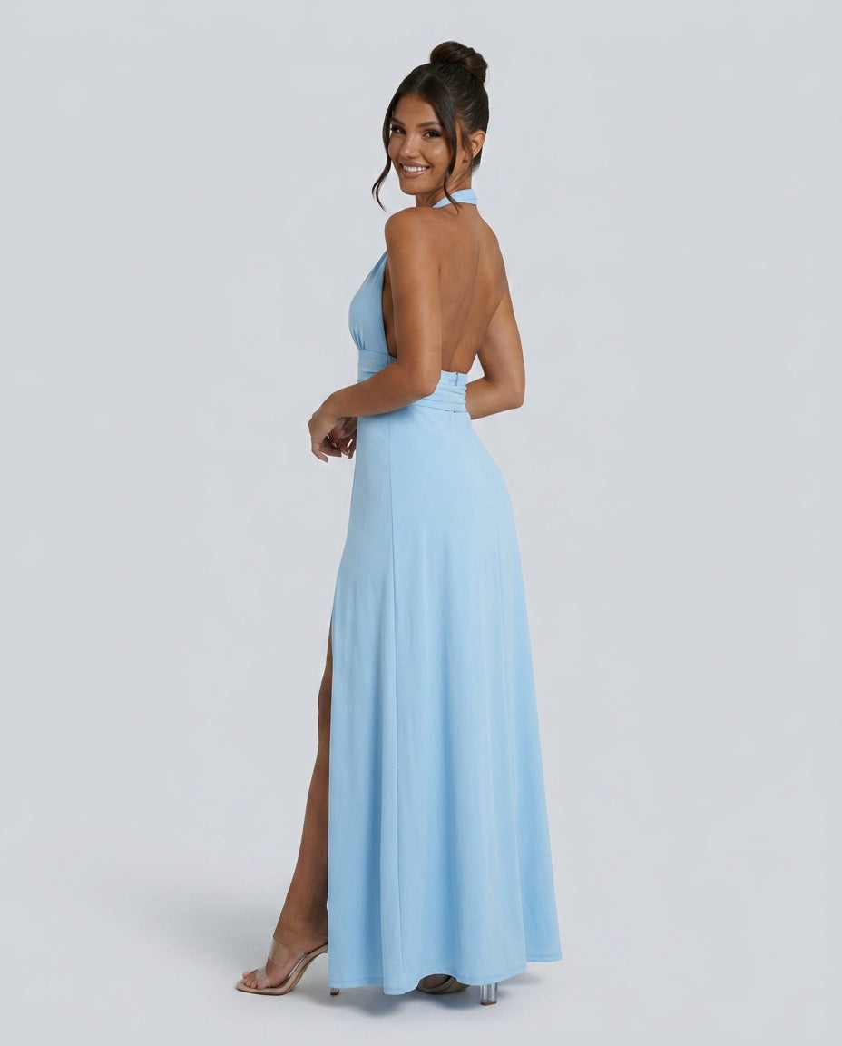 Women's Wedding Guest Dress | Maxi Halter Neck Leg Slit Polyester