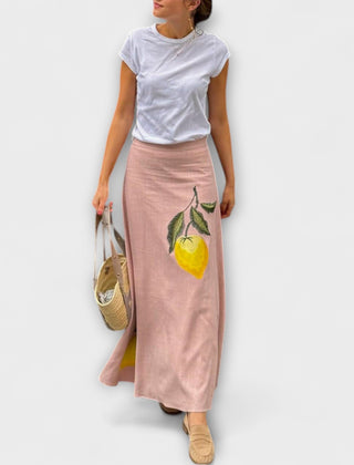 Women's Midi Skirt | Maxi Length Linen Print Embellishment A-Line
