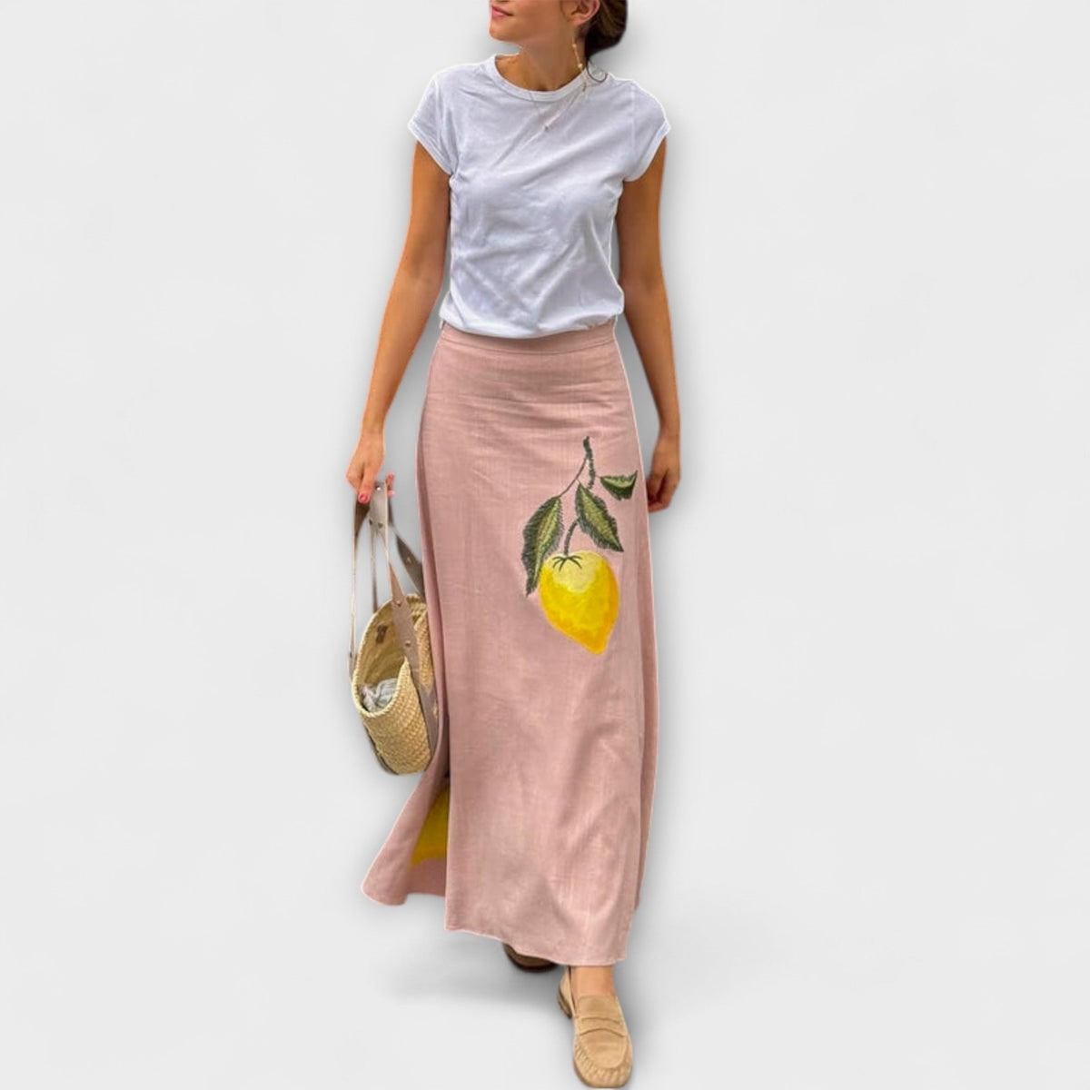 Women's Midi Skirt | Maxi Length Linen Print Embellishment A-Line