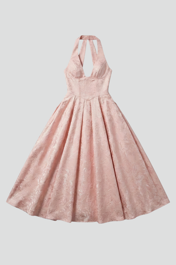 Women's Knee Length Cocktail Dress | Halter Neckline Fitted Bodice Midi Flared