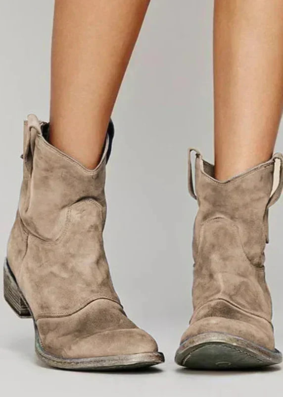 Women's Suede Ankle Boots | Cowboy Toe Chunky Heel Pull-On Closure