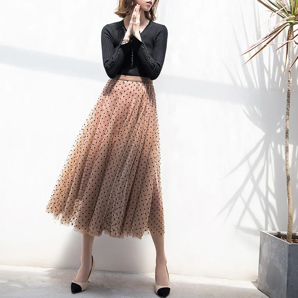 Women's Polka Dot Skirt | Midi Length A-Line Tulle Elastic Waist