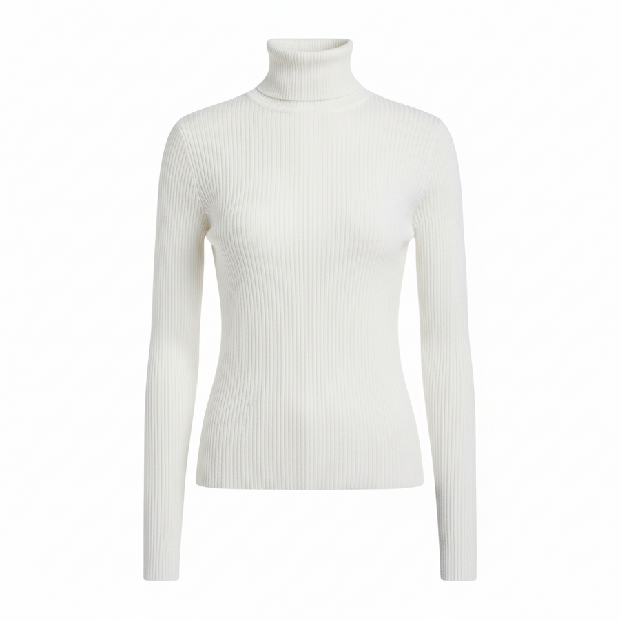 Women's White Top | Turtleneck Ribbed Knit Long Sleeve