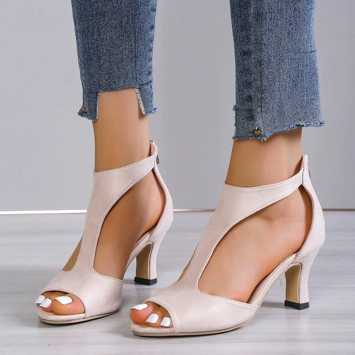 Women's High Heels | Open Toe T-Strap Peep Suede
